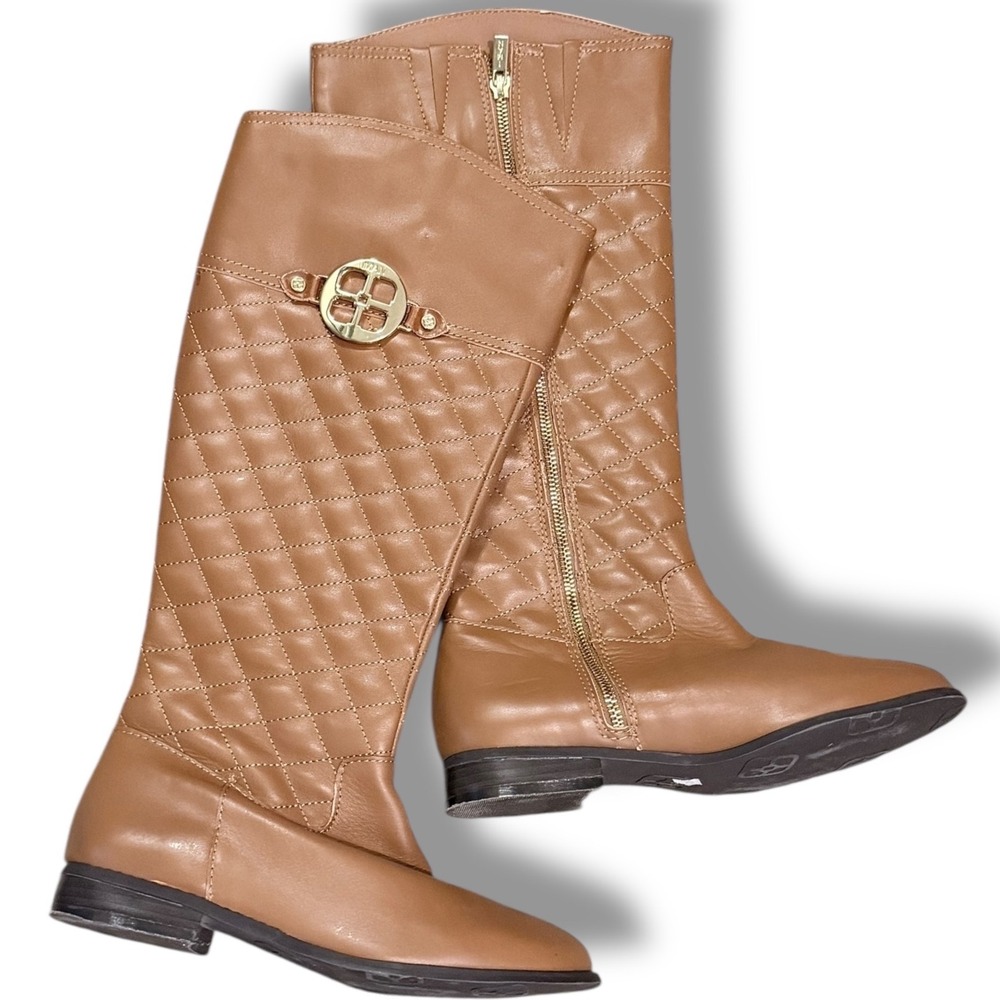 EUC IMAN Women's quilted tan brown Leather Upper Riding Boots Size 7.5